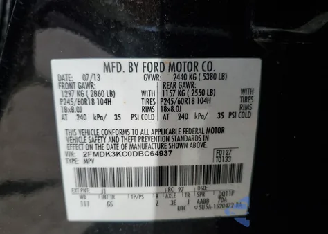 2013 Ford Edge Limited from USA, damaged, VIN 2FMDK3KC0DBC64937